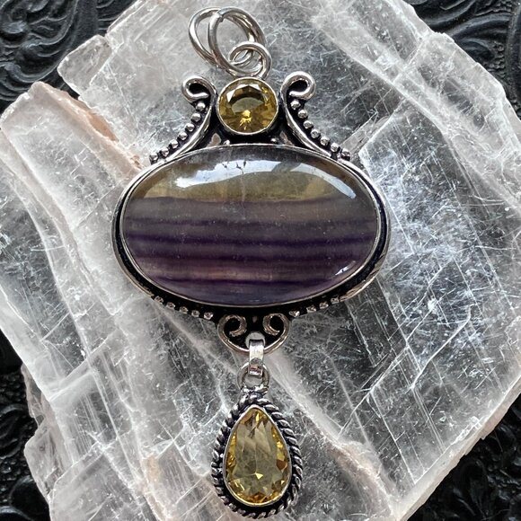 Yellow and Purple Rainbow Fluorite And Citrine Pendant - Picture 6 of 8